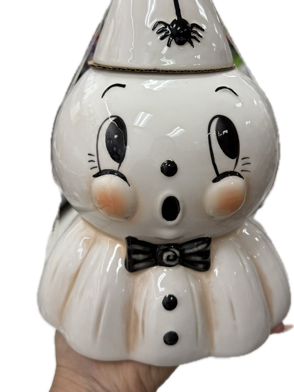 Johanna Parker White Ceramic Ghost Cookie Jar Canister with Black Accents